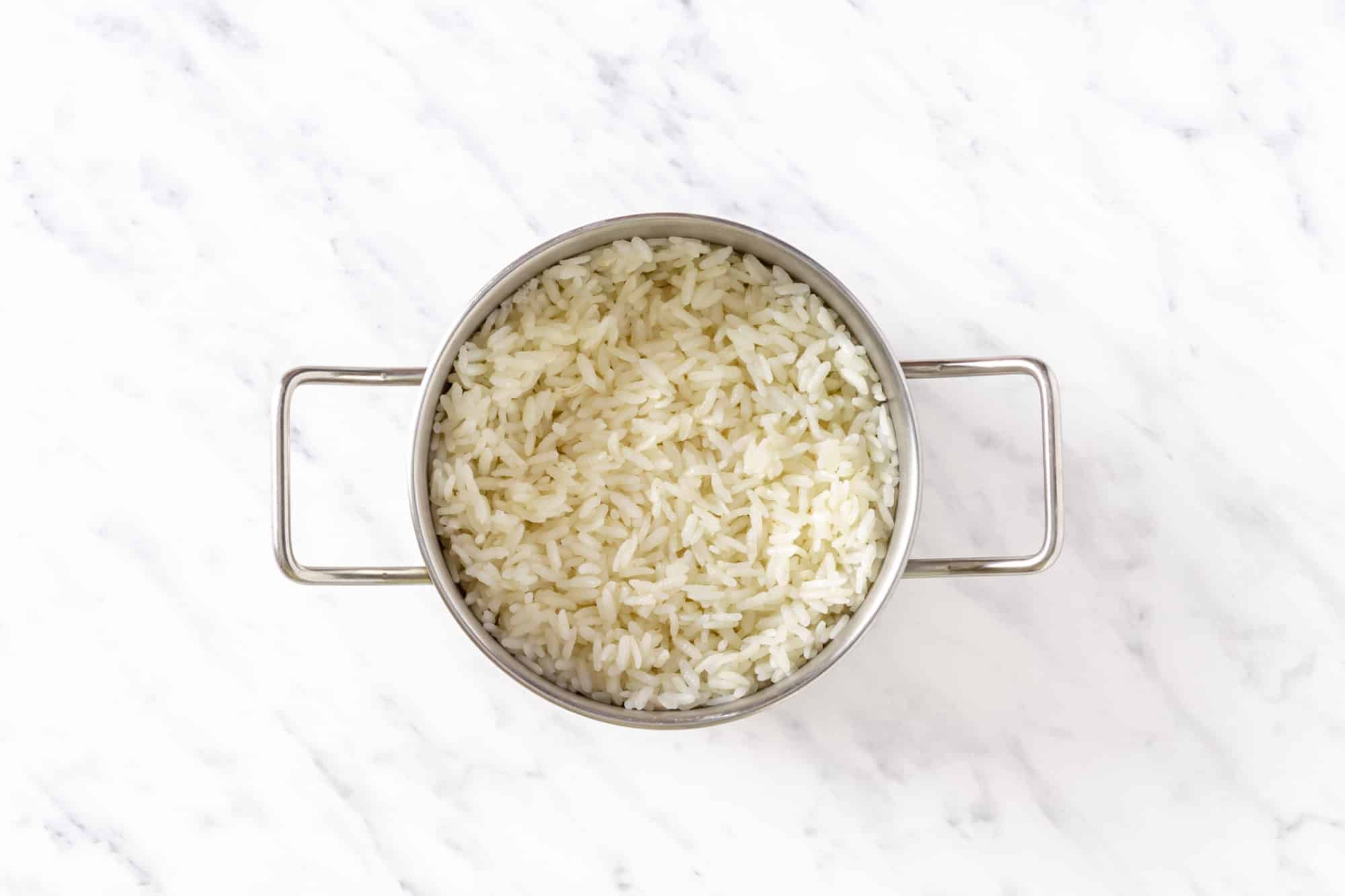 a silver pot filled with cooked rice.