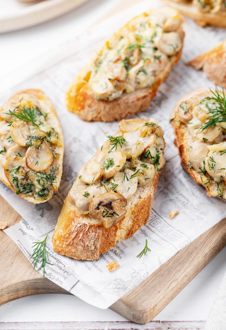 Close up of mushroom crostinis.