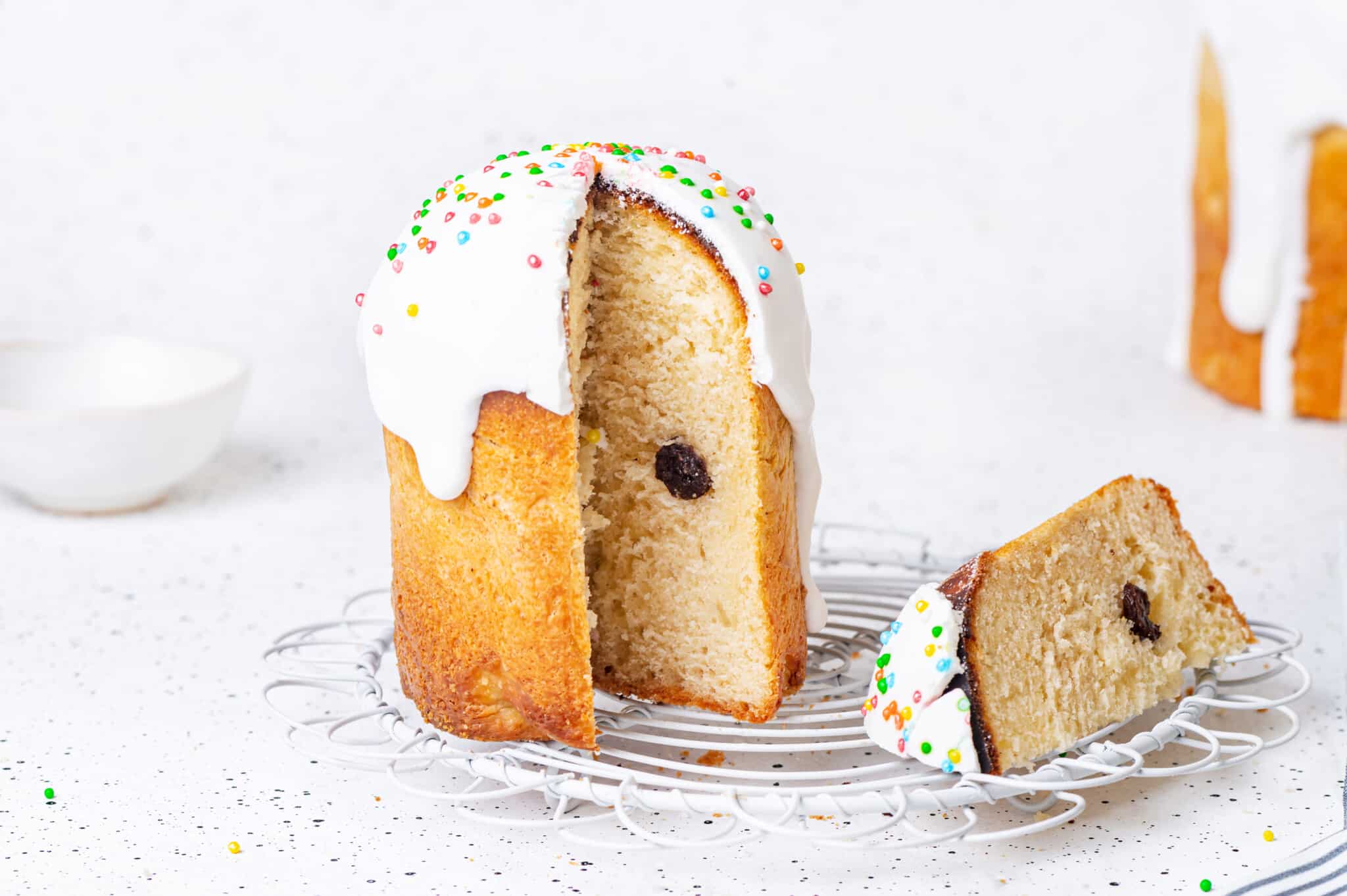 easter bread with sprinkles sliced with raisins.