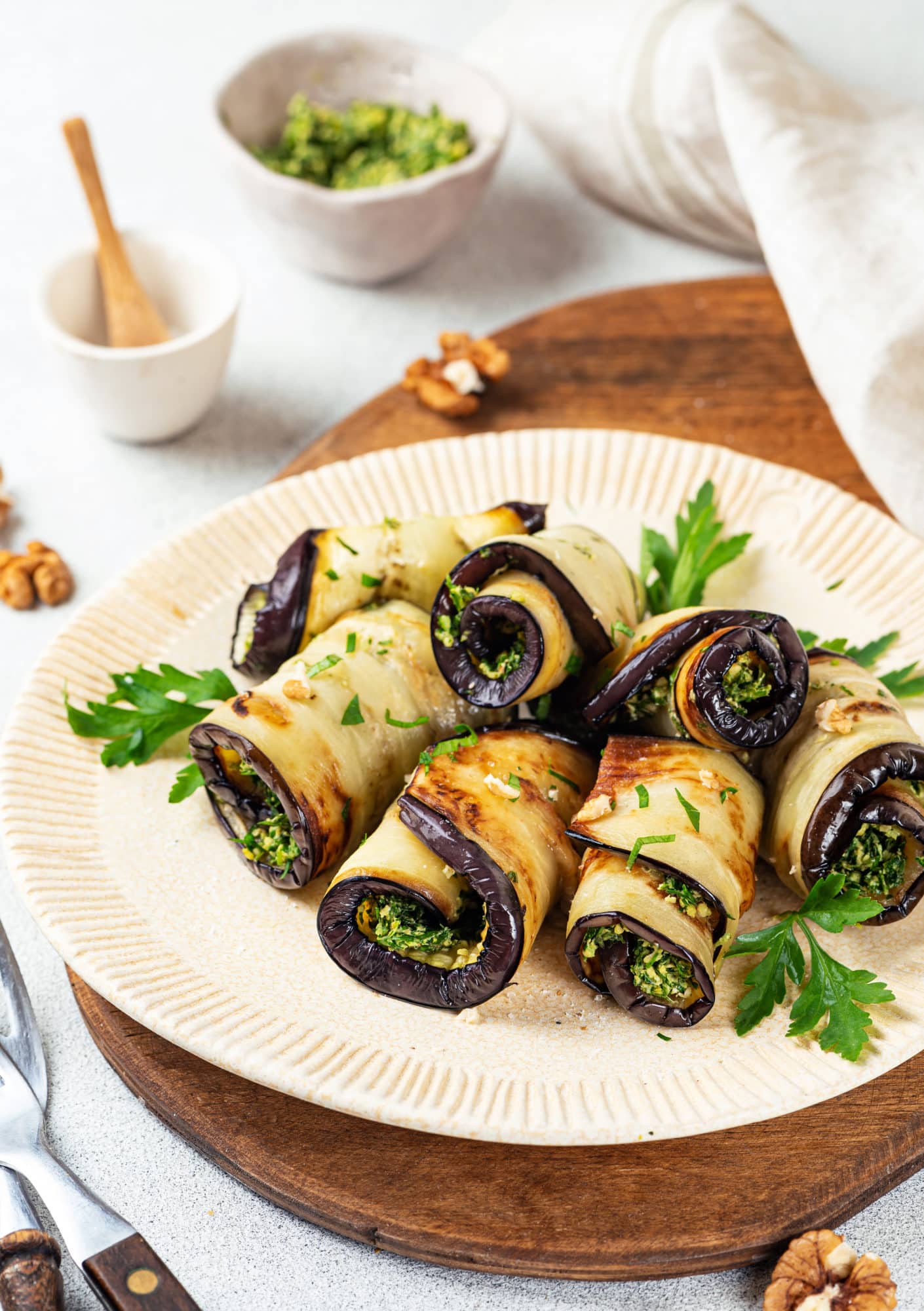 eggplant appetizer with herbs and walnuts.