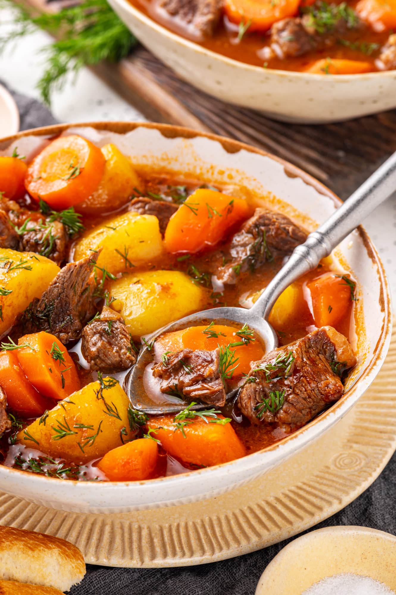 a stew in a beige bowl with a spoon.