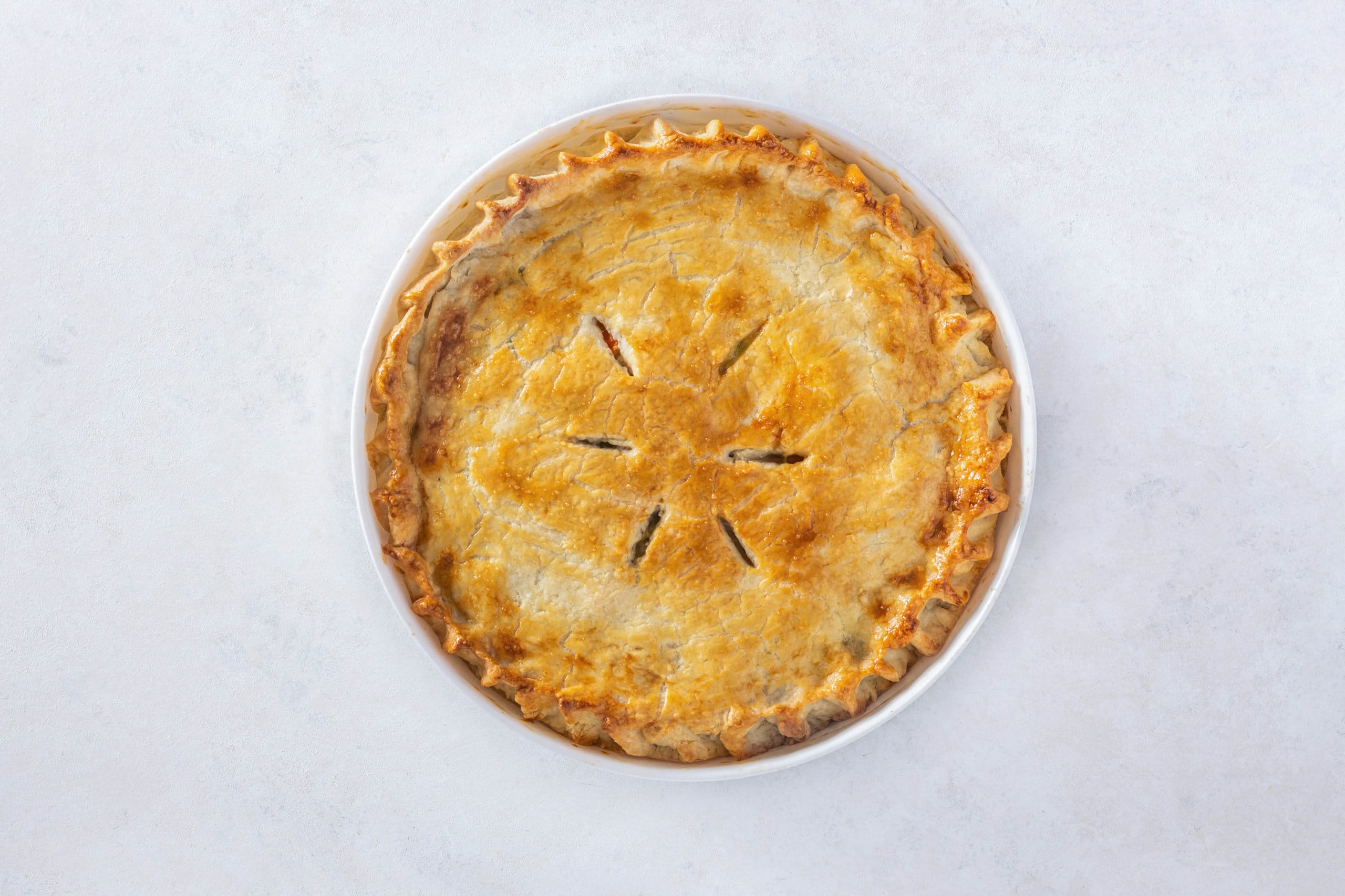 baked chicken pot pie in a baking dish