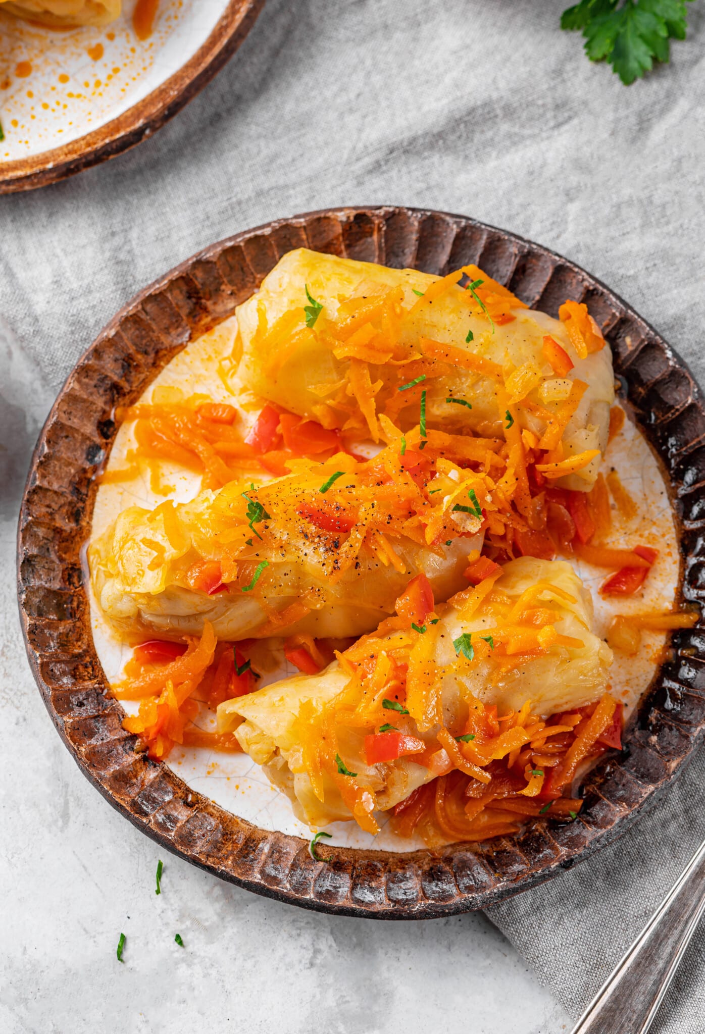 Cabbage rolls with vegetable sauce on a plate.