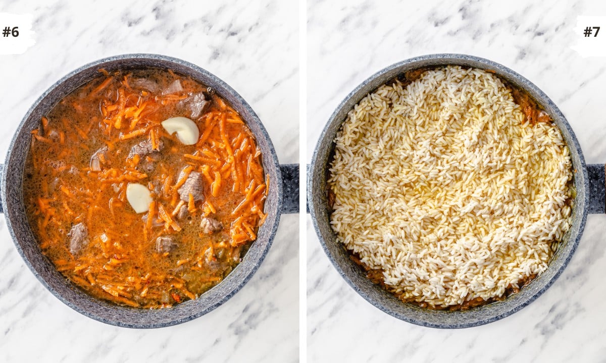 grey large pot with rice garlic and beef cooking in water.