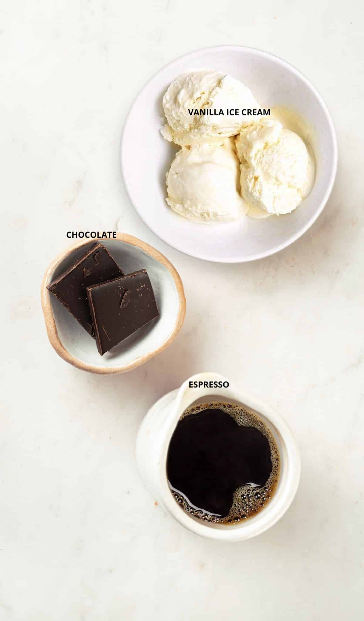 vanilla ice cream, chocolate, and espresso in individual bowls ready to be made into affogato