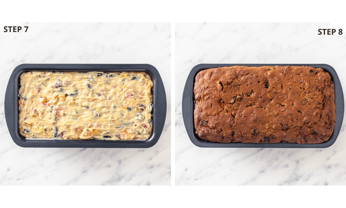 baked Christmas fruit cake in a bread pan.