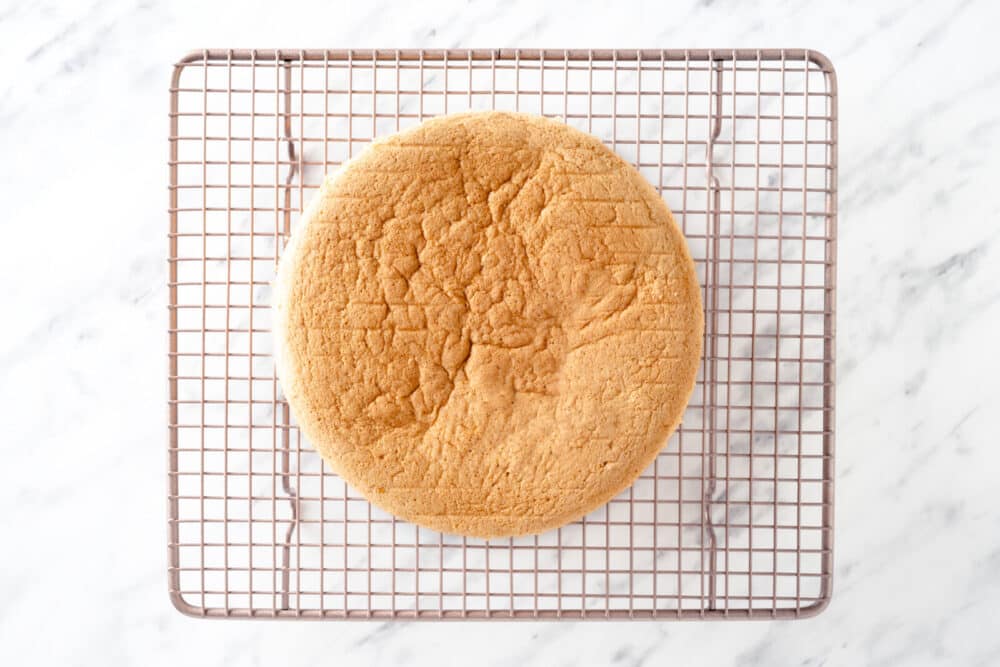 Baked cake layer on a wire rack.