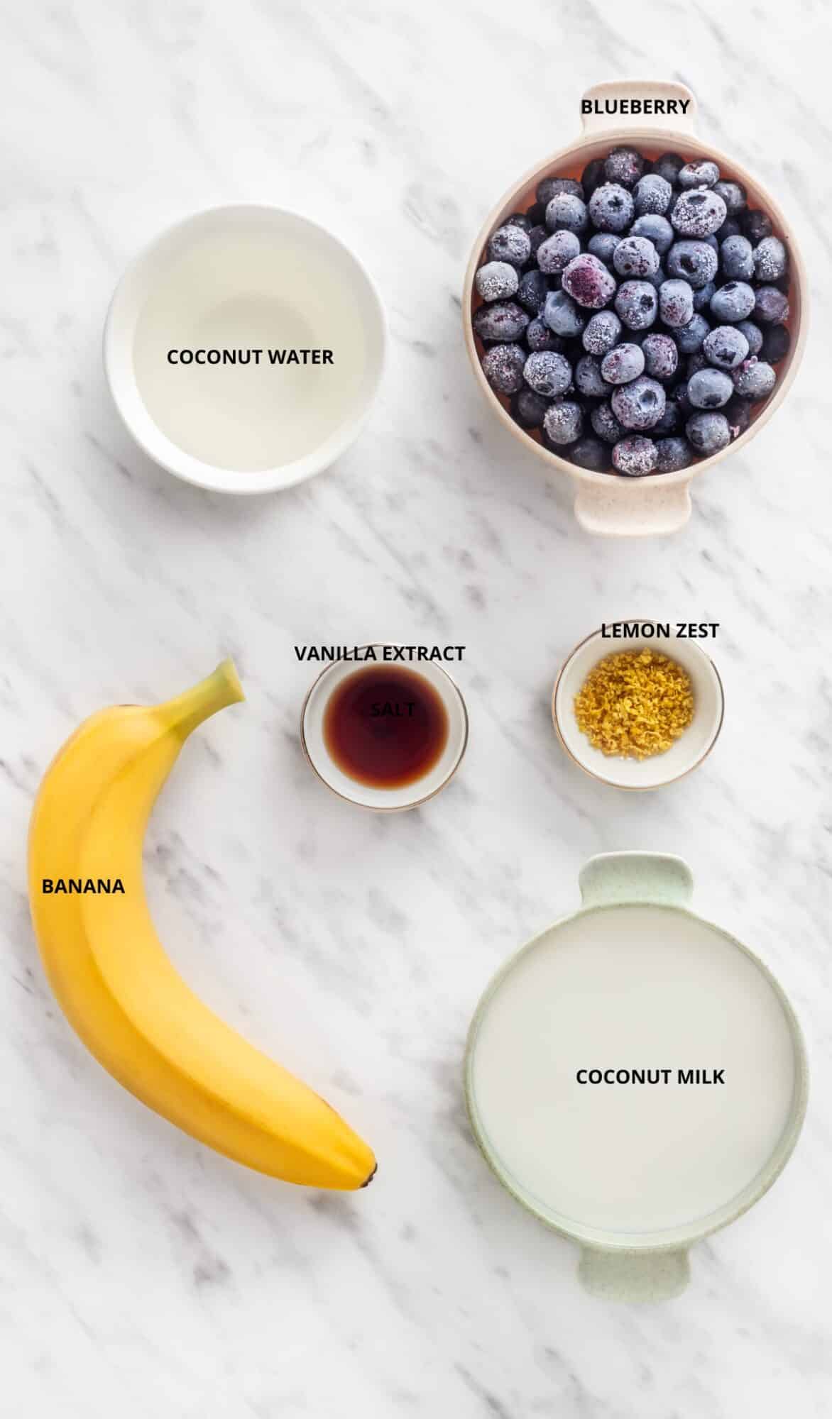 laid out ingredients for coconut blueberry smoothie. 