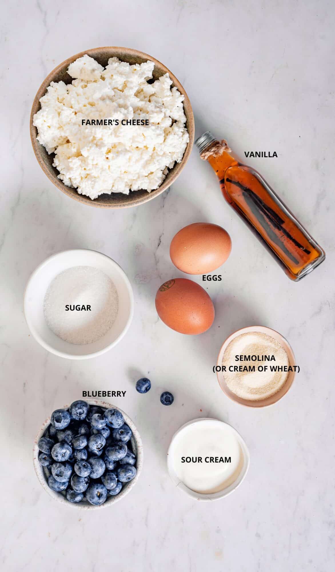 fresh blueberries, two large brown eggs, vanilla in a bottle, sugar in a white bowl, cream of wheat in a cream bowl, farmer's cheese in a brown bowl all on a marble white background.