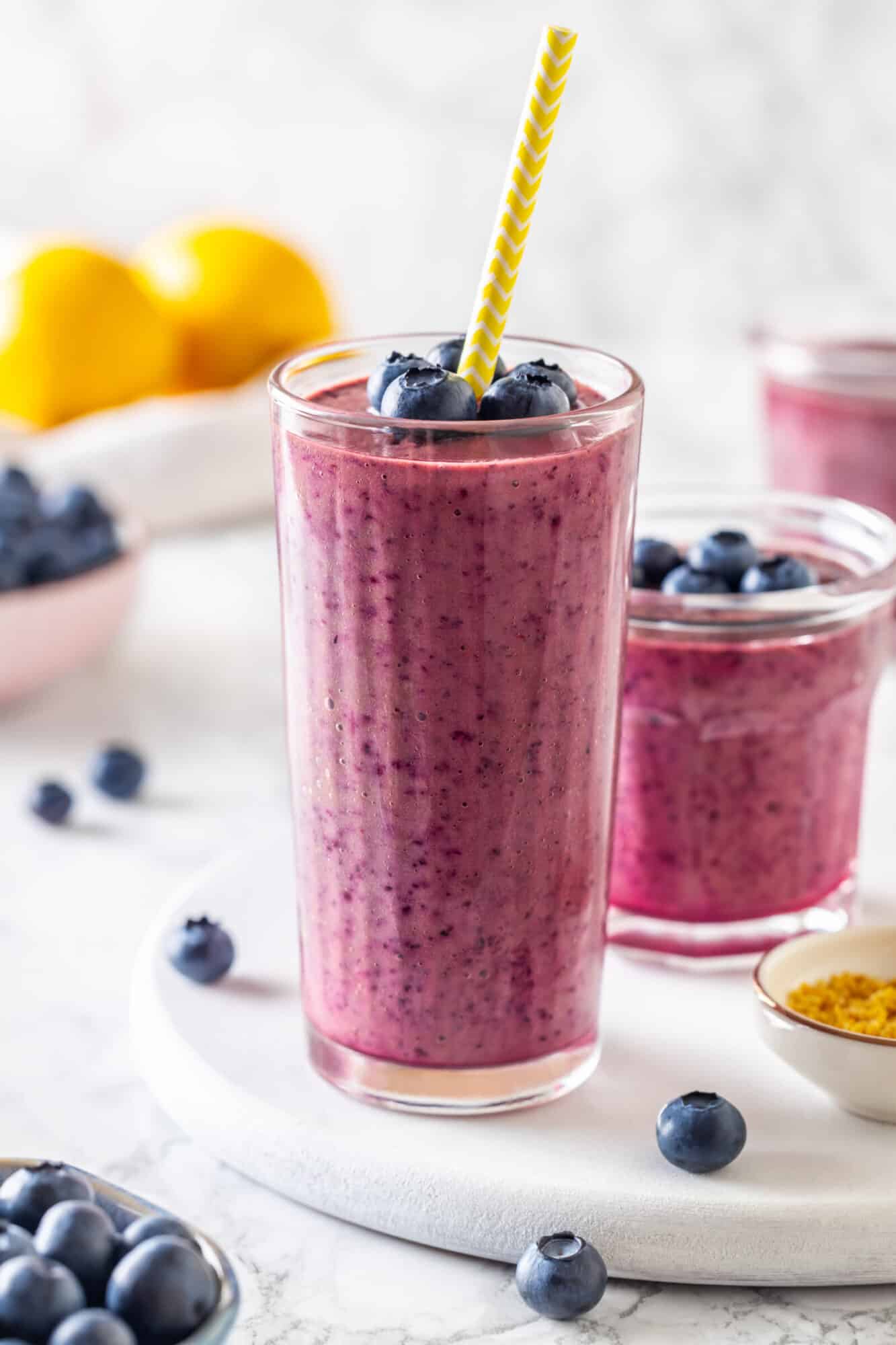 blueberry coconut smoothie in glasses ready.