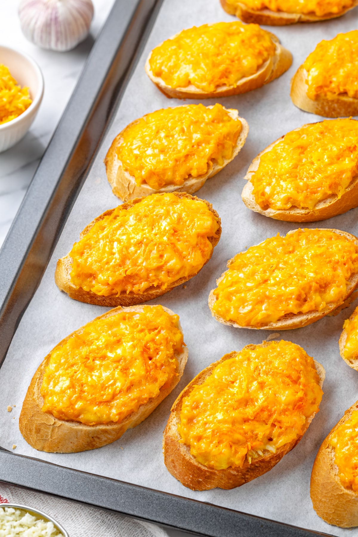 carrot melt appetizer slices on sheet