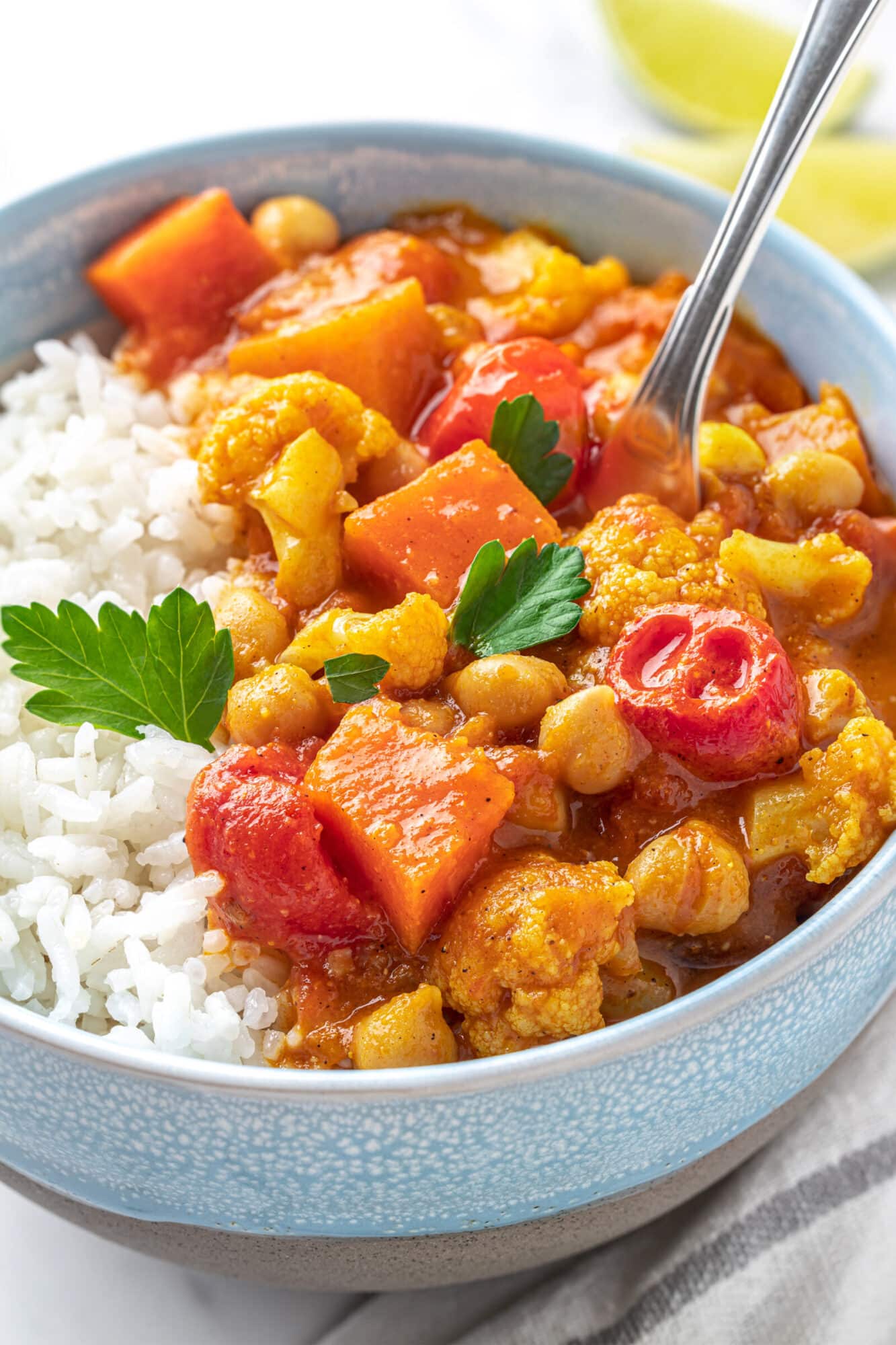 easy cauliflower and chickpea curry over a bed of rice.