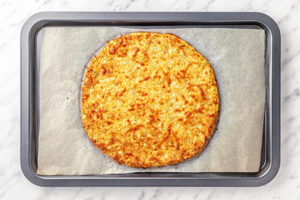 baked cauliflower crust pizza.