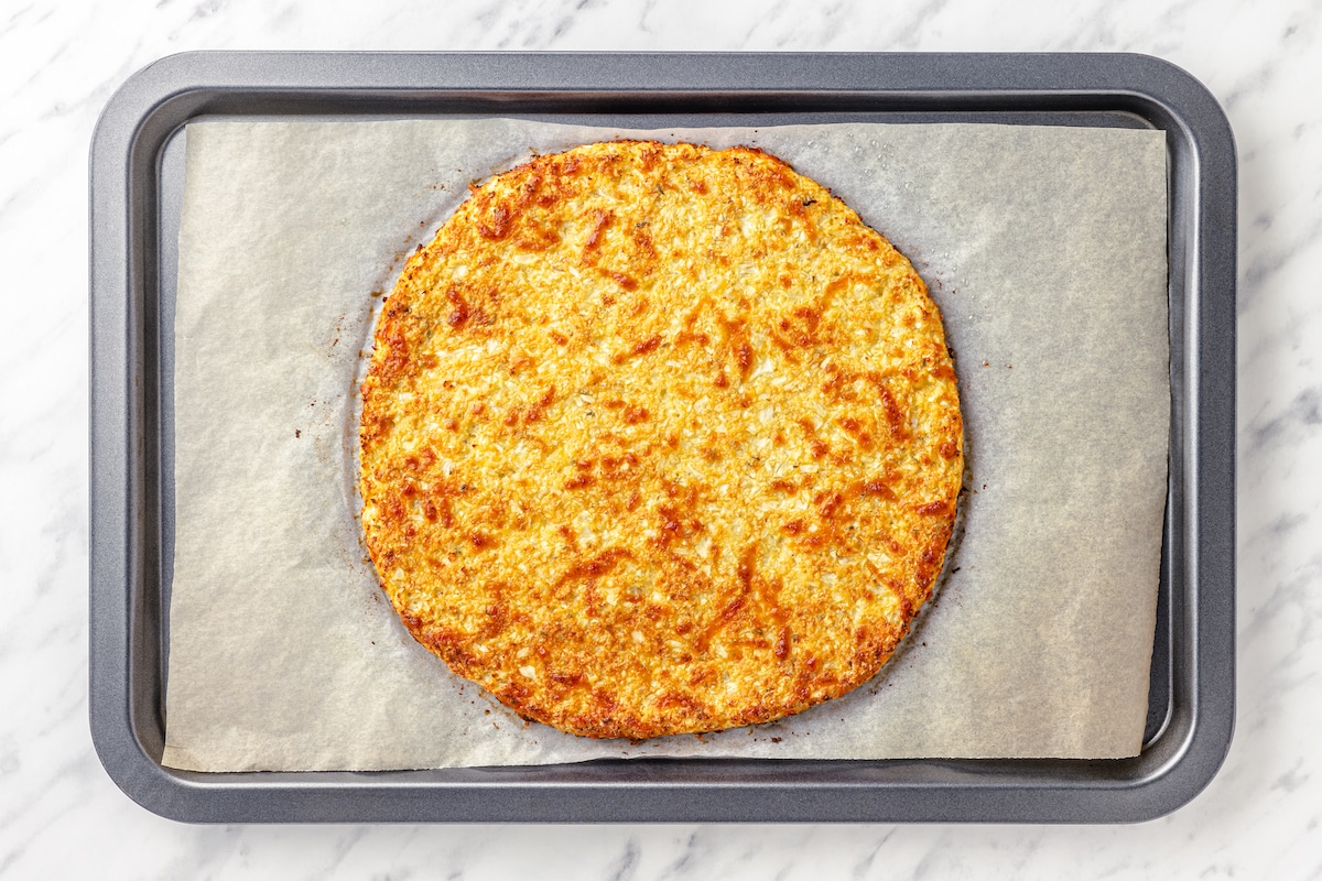 baked cauliflower crust pizza.