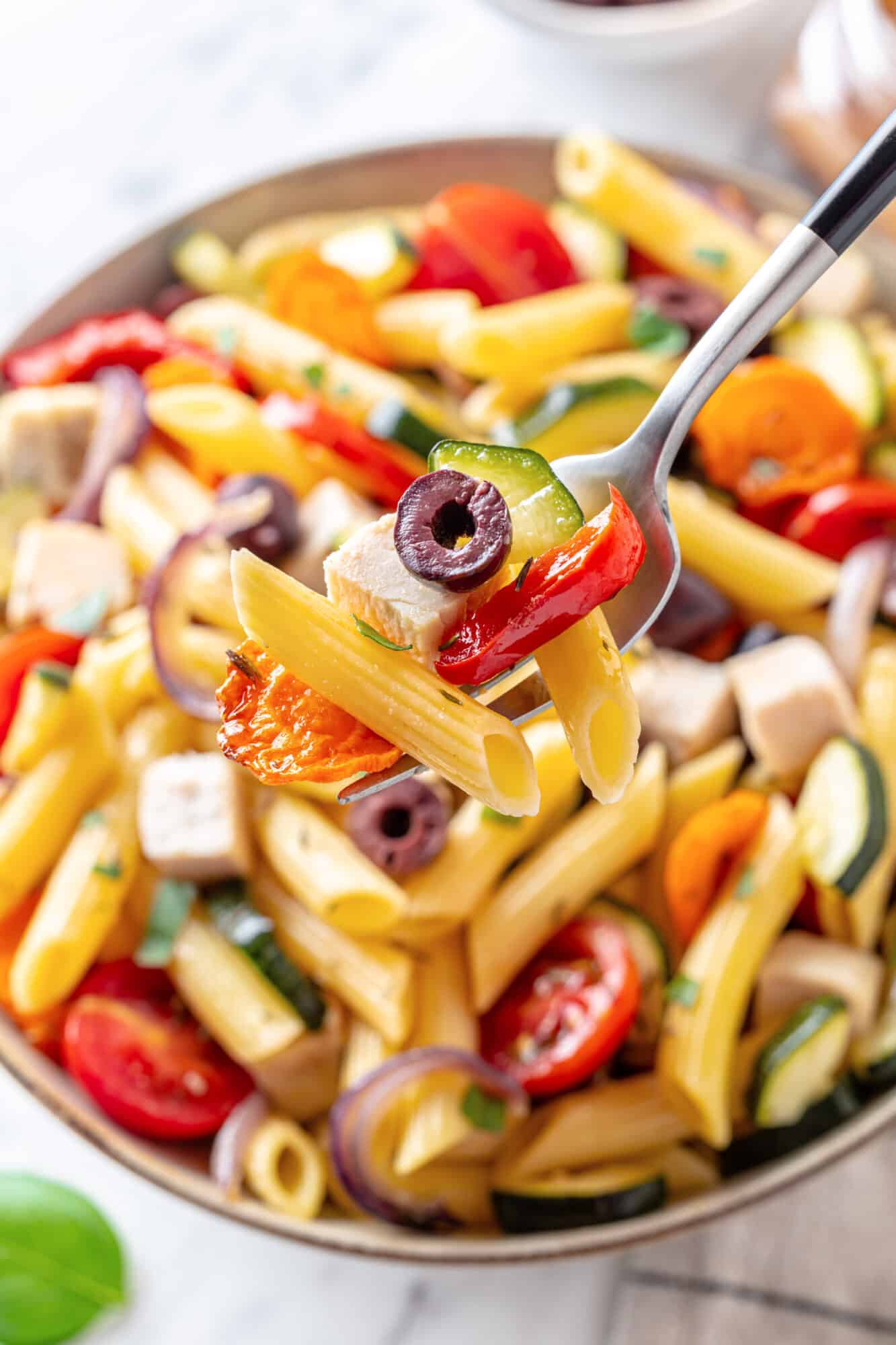 Chicken pasta salad with roasted veggies.