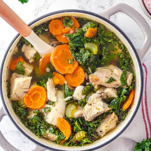 soup pot with chicken, carrots, celery, kale in stock.