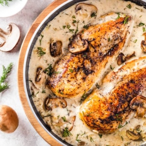 cooked chicken with creamy mushroom sauce with fresh dill.