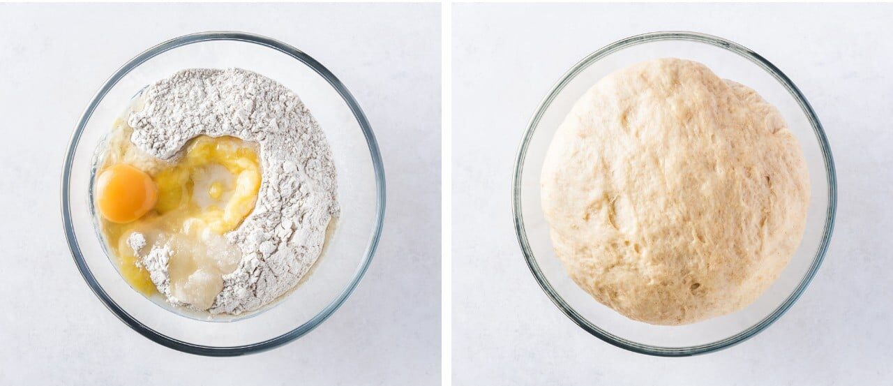 A bowl of ingredients for Russian vatrushka buns and a bowl of vatrushka buns dough. 