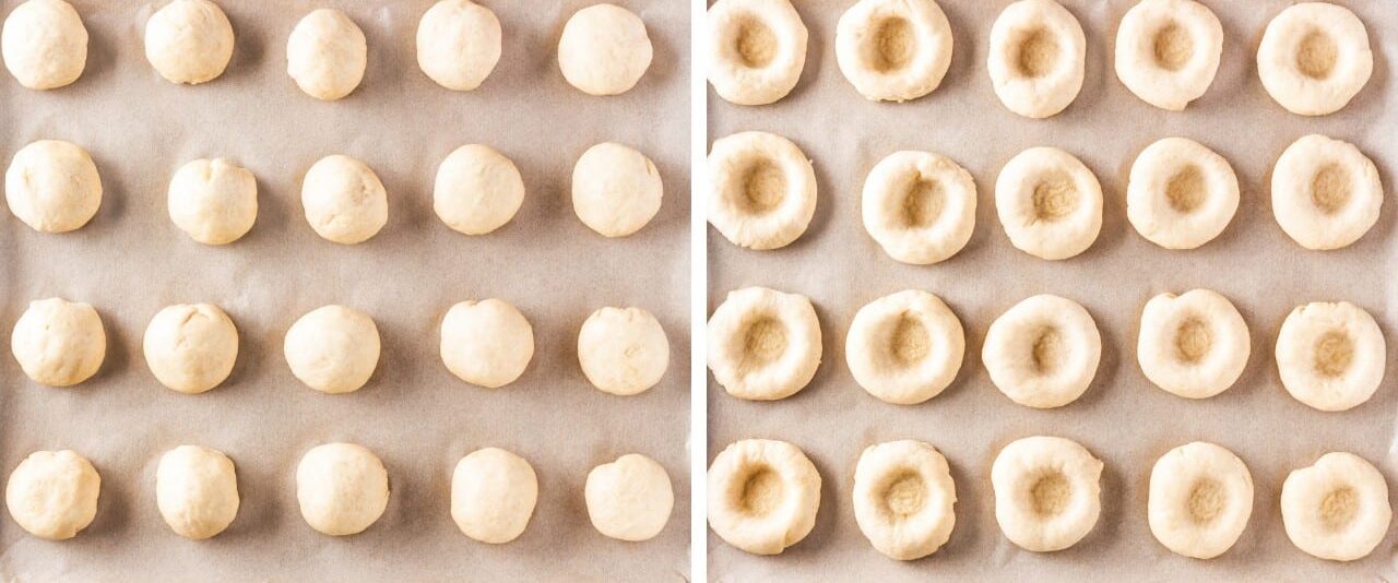 A baking sheet with Russian vatrushki dough balls. 