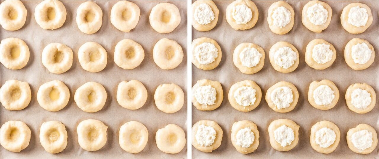 A baking sheet of raw Russian vatrushki buns with eggs wash and sweet cheese filling.