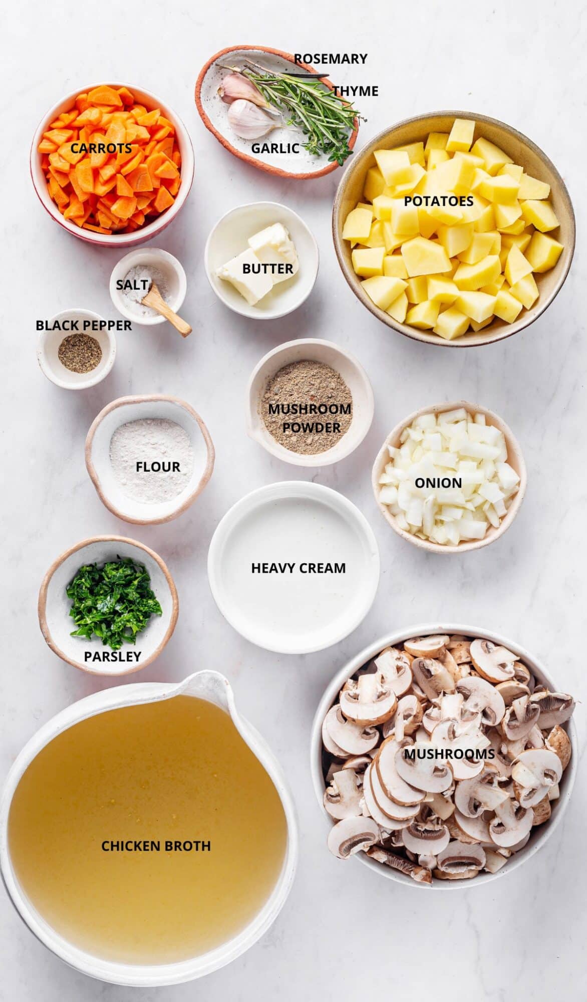 Mushroom soup ingredients- rosemary, thyme, garlic, potatoes, butter, salt, carrots, black pepper, mushroom powder, mushrooms, heavy cream, flour, onion, parsley, and chicken broth.