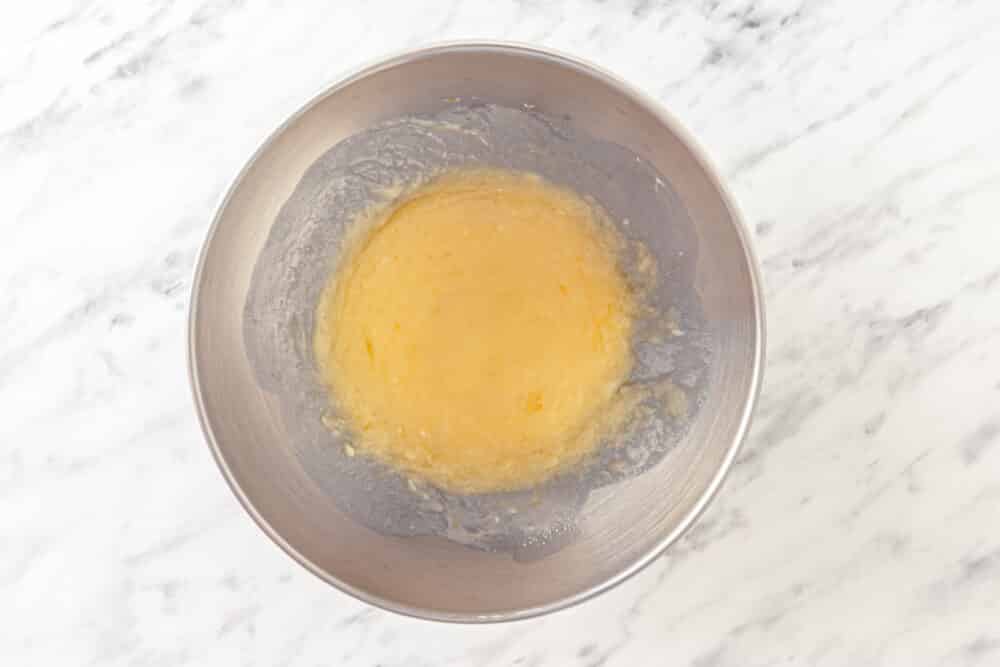 Dough ingredients in a mixer bowl.