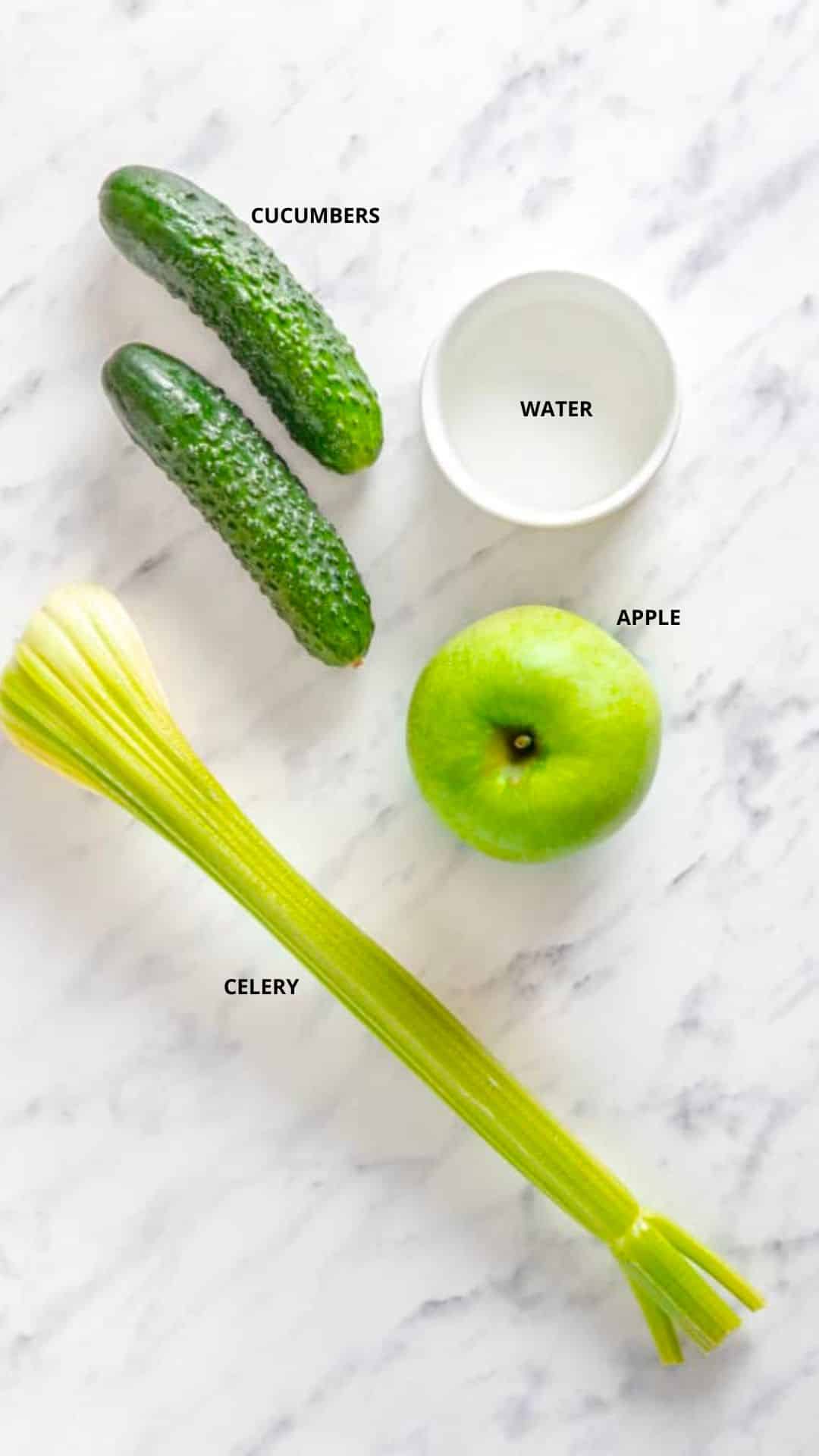 Easy green smoothie ingredients- cucumbers, water, apple, and celery.