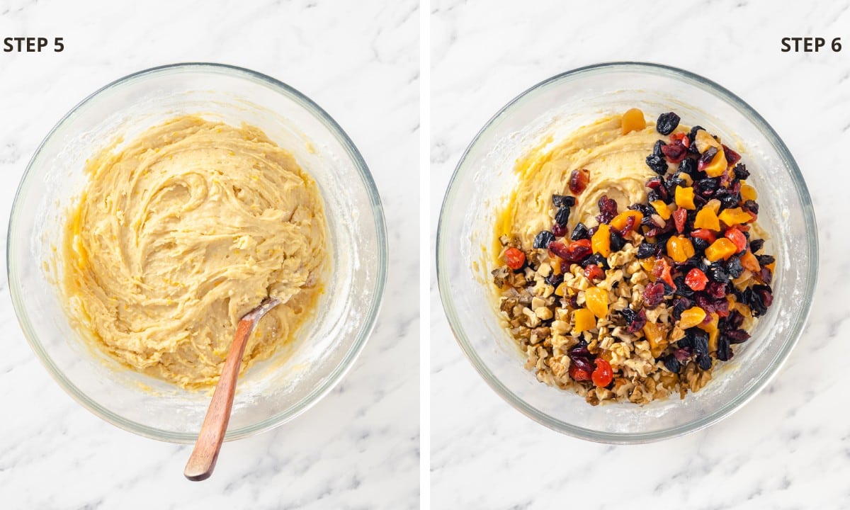 clear bowl with wet and dry ingredients mixed together with dried fruit. 