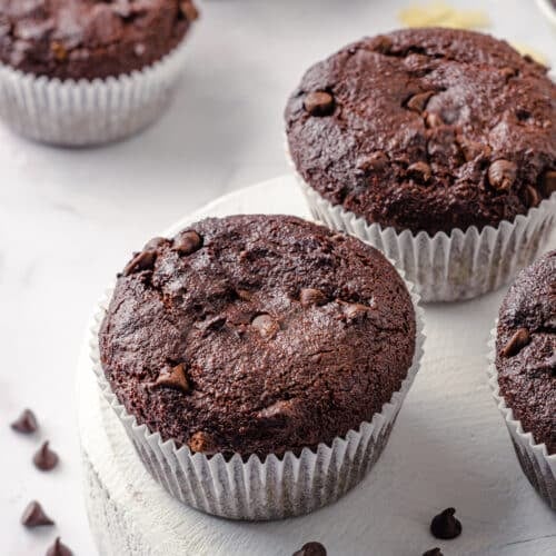 close up of baked chocolate muffins.