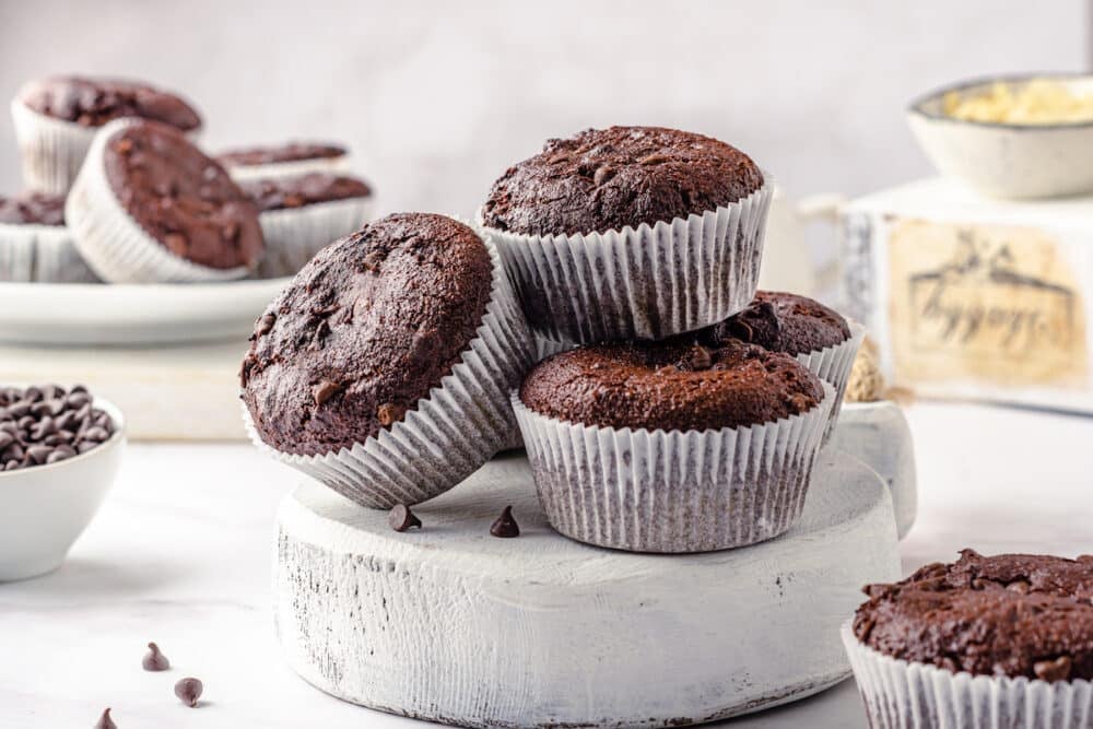 gluten free chocolate chip muffins on a white board.