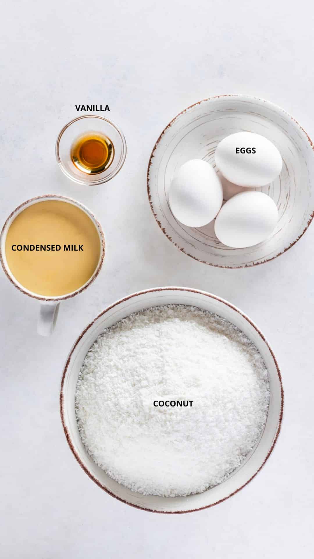 Coconut macaroons ingredients- eggs, vanilla, condensed milk, and coconut.