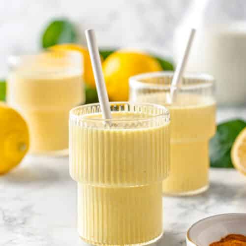 ready lemon smoothie in three glasses.