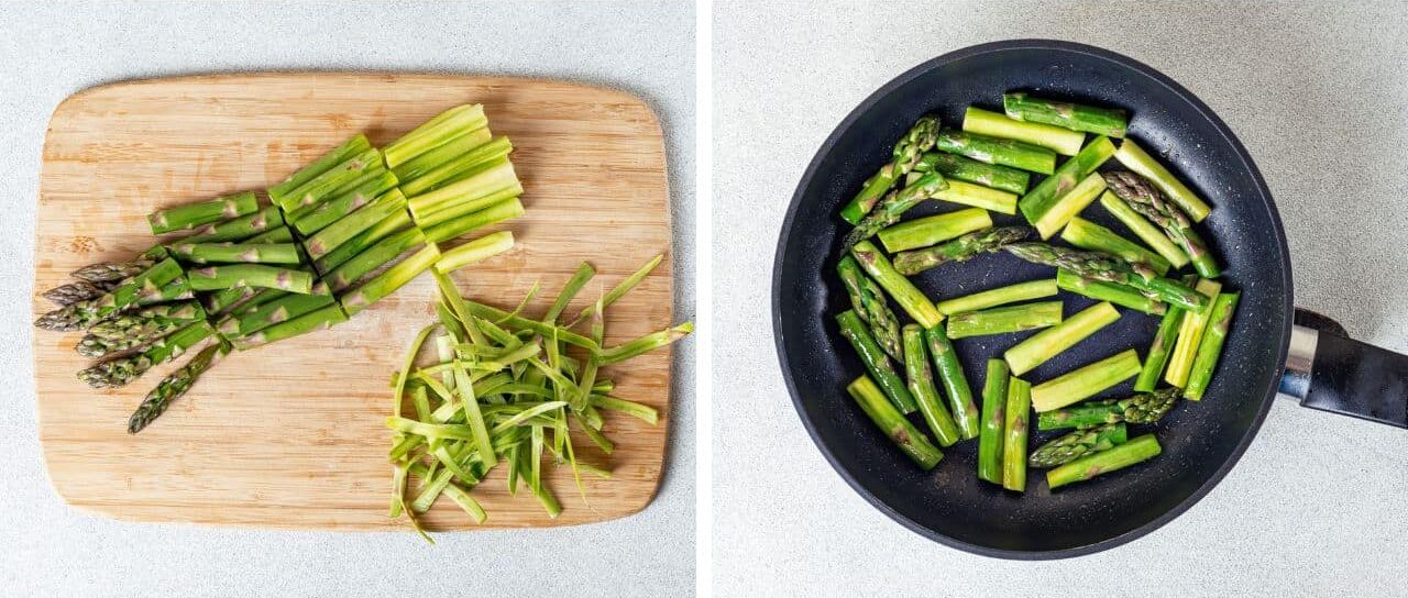 A wooden cutting board with chopped asparagus on it and a skillet with chopped asparagus sauteeing.