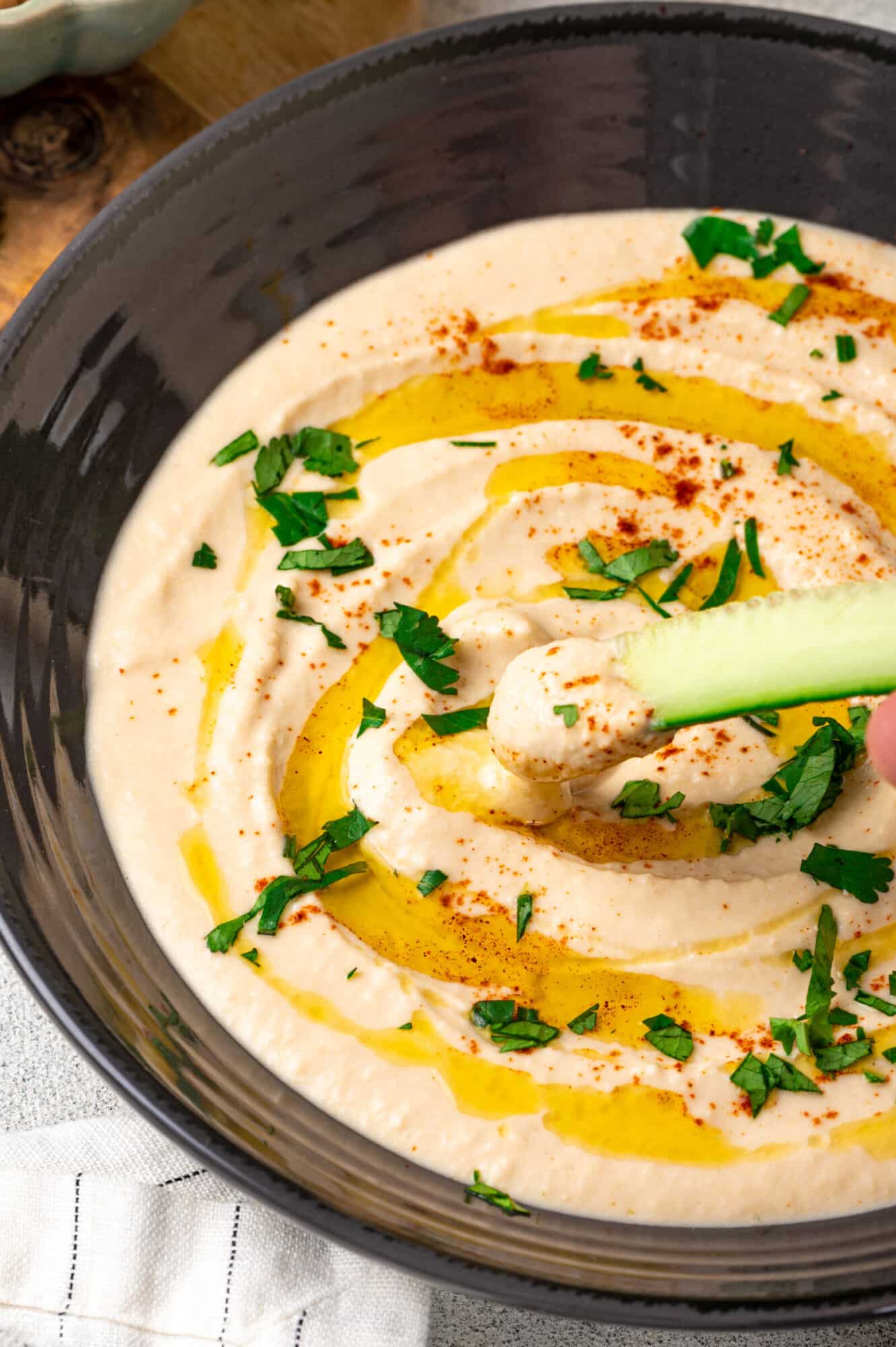 Hummus with dipping cucumber.