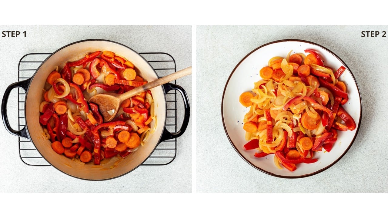 cast iron pot with vegetables red bell pepper and carrots sauted and transferred on a white plate.
