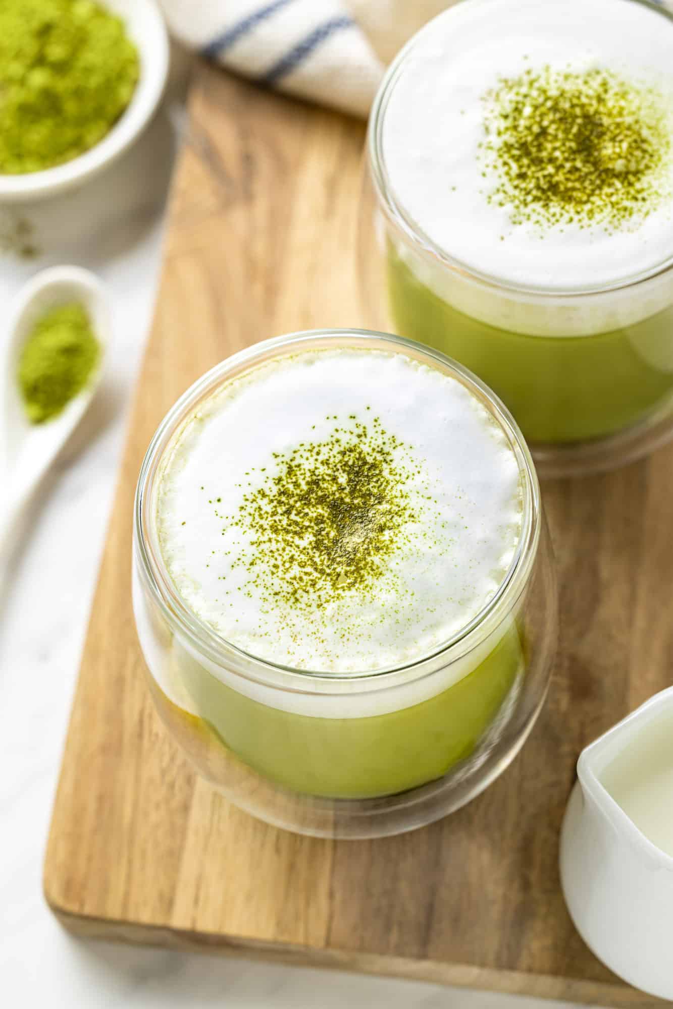 top view of a matcha latte in a glass.