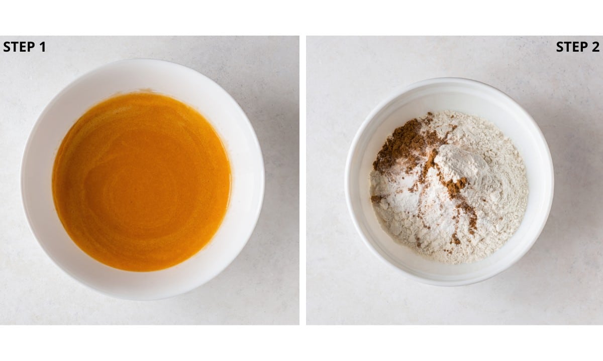 Pumpkin muffin puree in a white bowl, and flour with spices in a different white bowl.