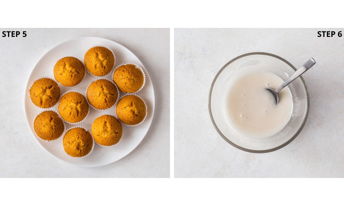 Baked pumpkin muffins on white lunch plate and white glaze in a clear bowl with stainless steel spoon.