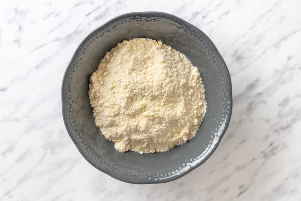 Dry ingredients in a grey dish.