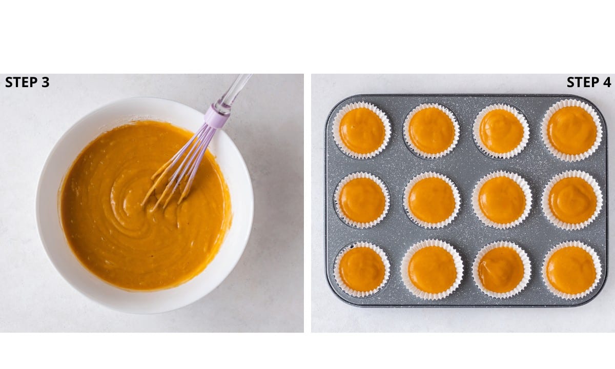 Pumpkin muffin puree dough mix in a white bowl and whisk, and grey muffin tin with poured dough ready to bake.