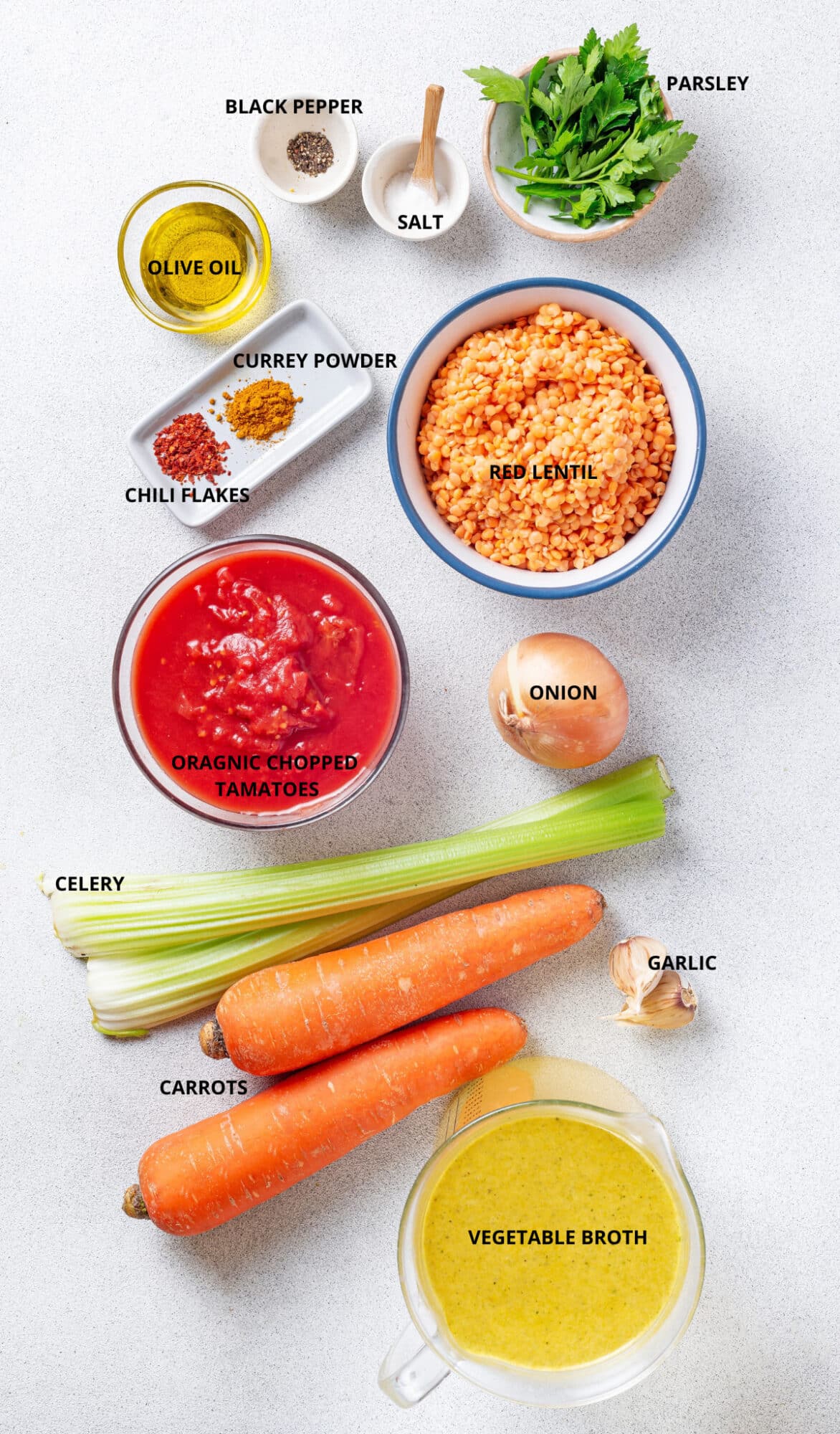 Red lentil soup ingredients laid out. 