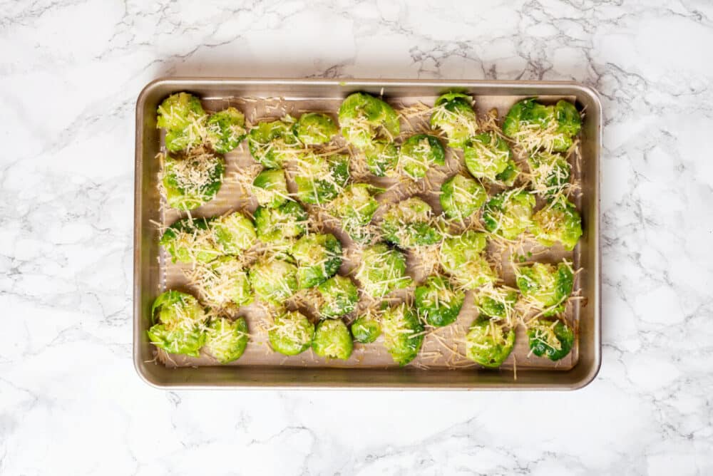 ready to bake mashed brussels sprouts with parmesan cheese.