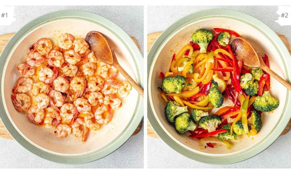 shrimp sauté in white skillet with wooden spoon broccoli with red and yellow bell peppers sauteed in skillet.