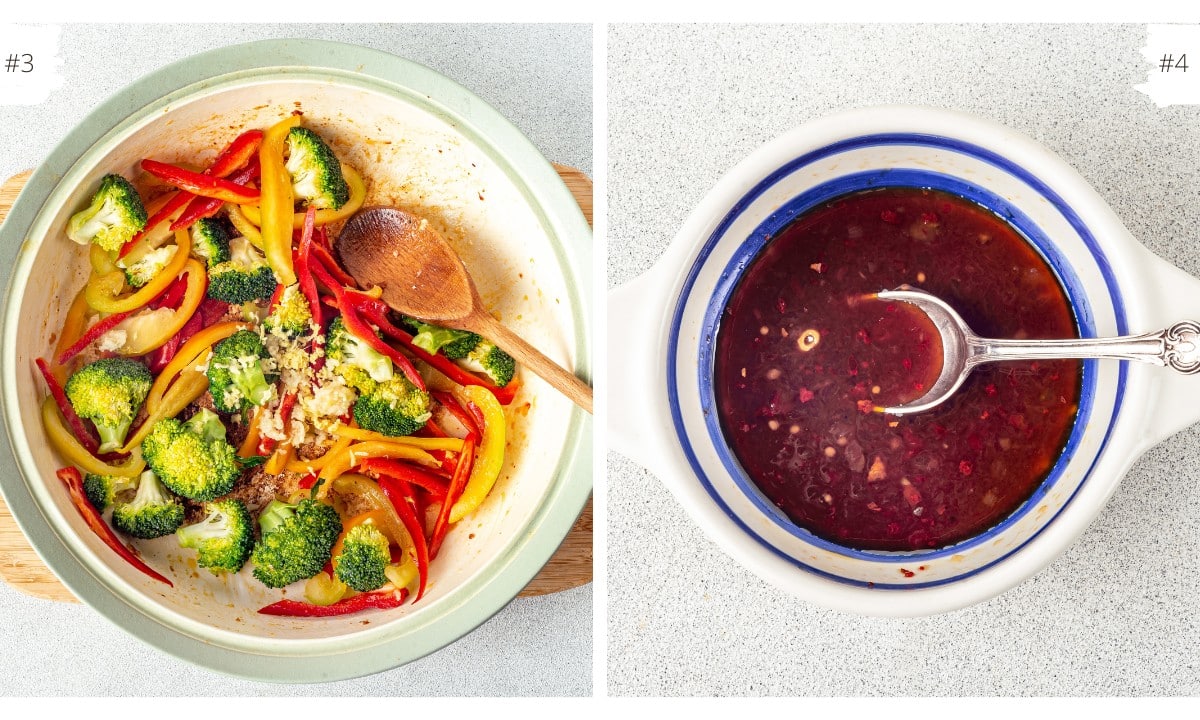 broccoli with red and yellow bell peppers in a white skillet and wooden spoon and stir sauce mixed.