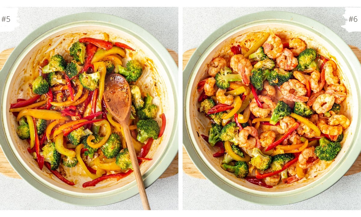 stir fry sauce and shrimp added to skillet of vegetables.