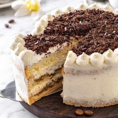 Sliced tiramisu cake showing inside layers.