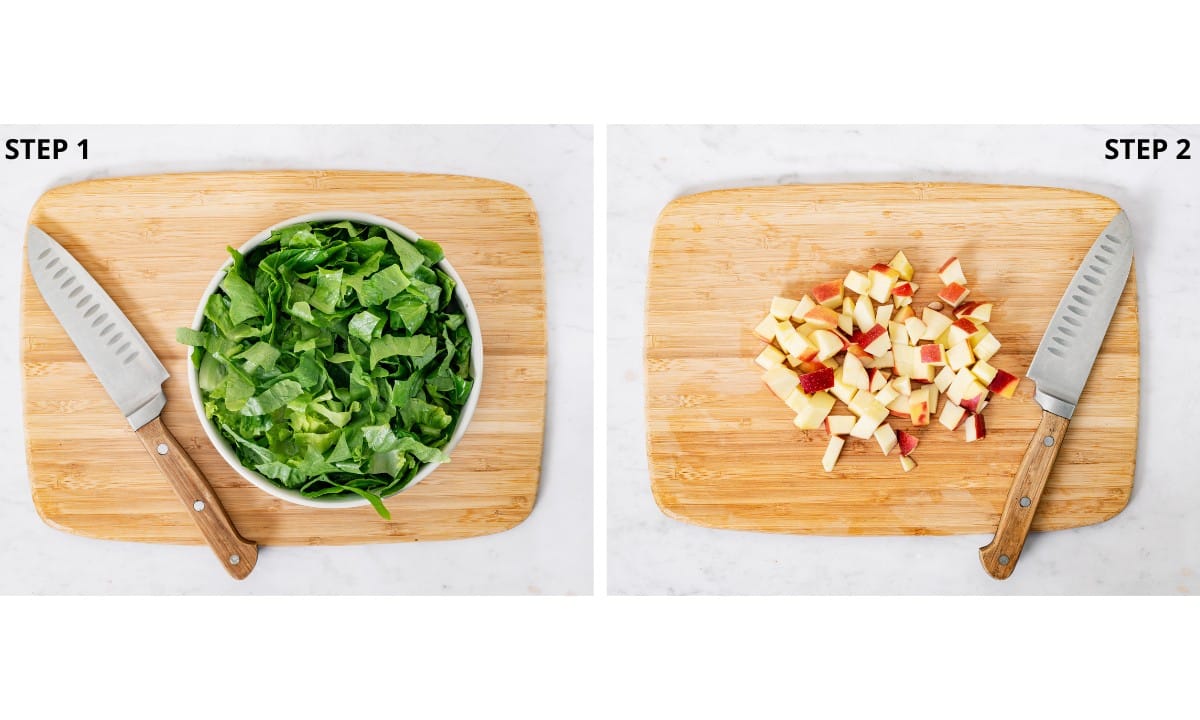 chopped lettuce and an apple on a wooden board with wooden knife.