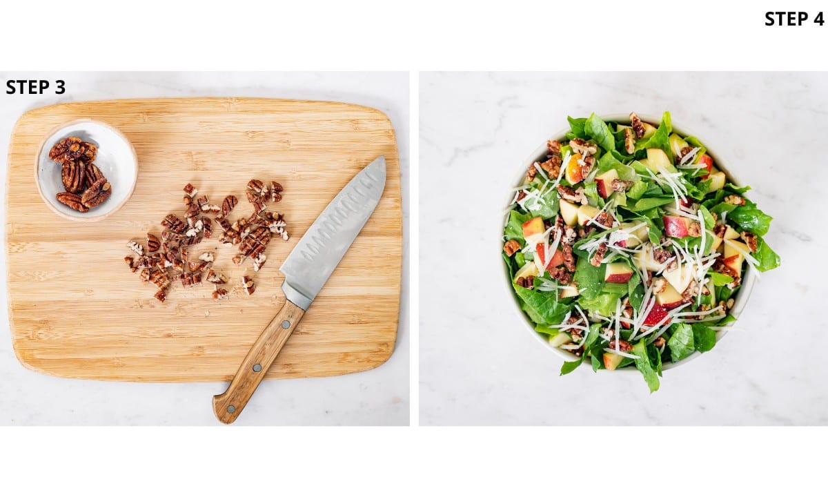 chopped pecans on a wooden board with wooden knife and mixed apple salad with green lettuce.