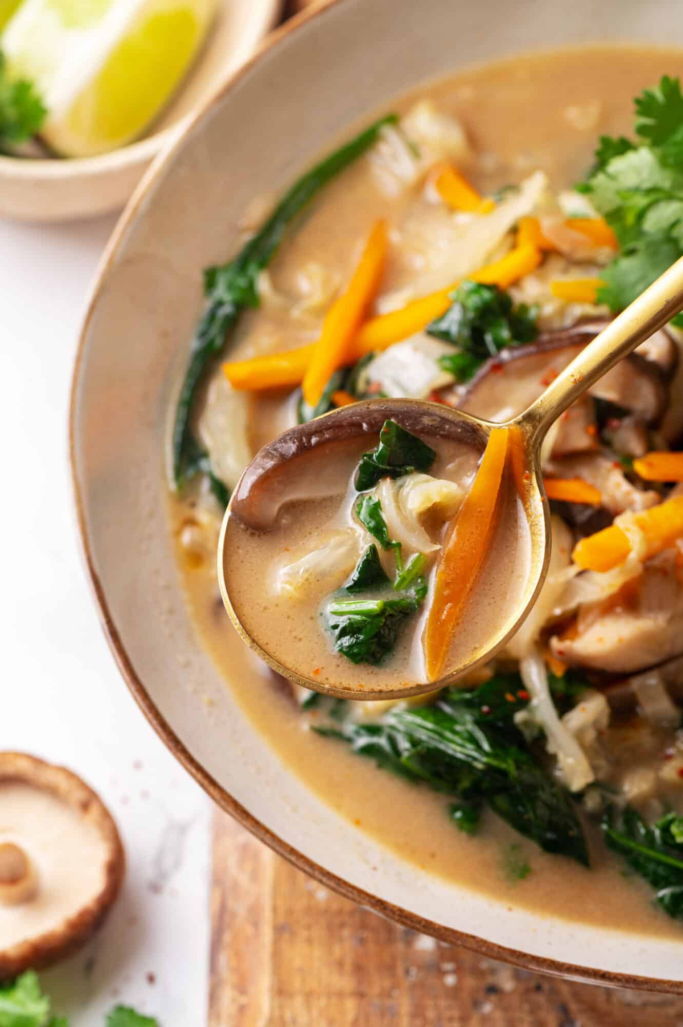 Vegetarian Thai coconut soup in a bowl with close up spoon of soup.