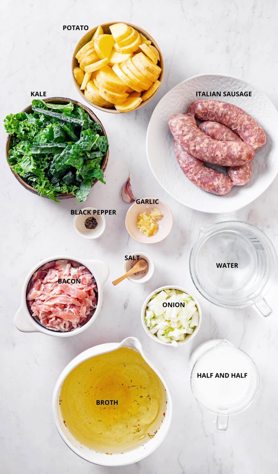 zuppa Toscana soup ingredients individually laid out.  